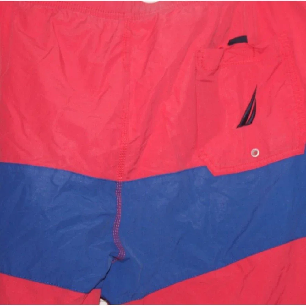 Men's Nautica Size XL Blue Red Color Block Pockets Drawstring Nylon Swim Trunks